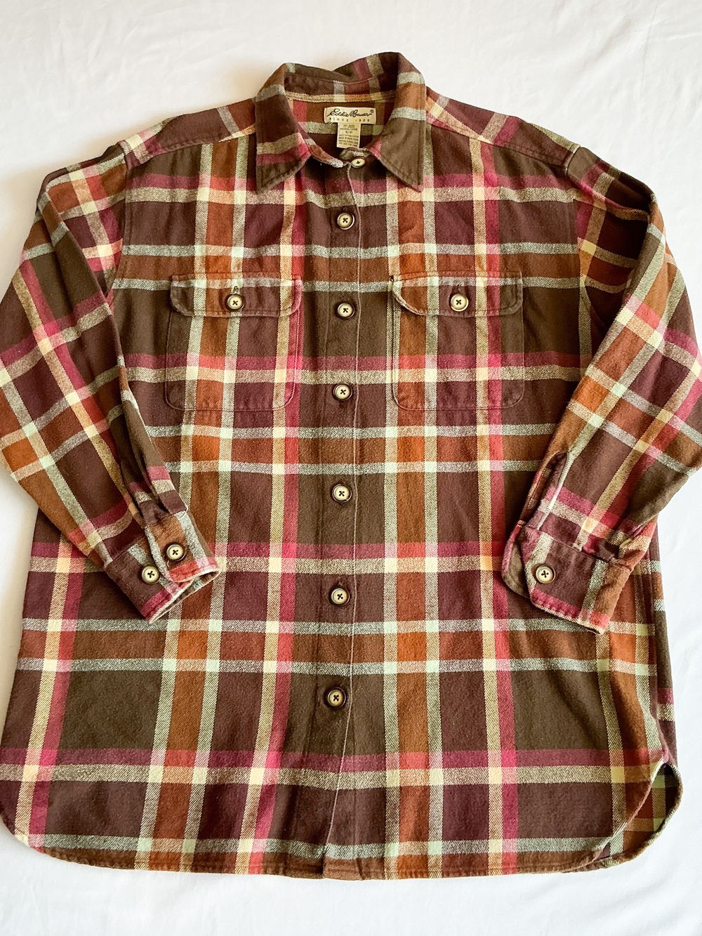 Vintage Eddie Bauer Cotton Plaid Button Pink Brown Fall Autumn Size Petite Sml